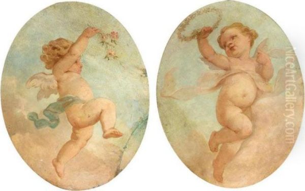 Putti Holding A Garland Of Flowers Oil Painting by Francois Boucher