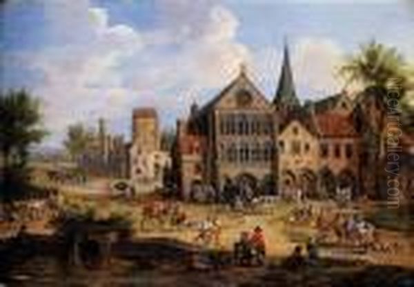 Crowded Town With Peasants Playing Skittles In Front Of A Church Oil Painting by Peeter Bout