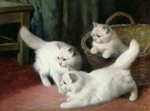 Three White Angora Kittens Oil Painting by Arthur Heyer