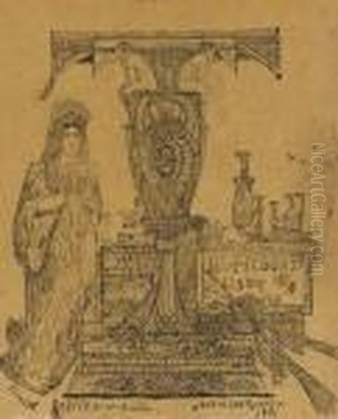 The Letter T With A Regency 
Marquis Standing Next To A Table With Alarge Pot Below A Canopy, A Dog 
On The Left And Bird Flying On Theright Oil Painting by Rodolphe Bresdin