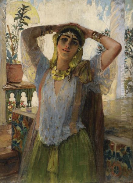 Jeune Orientale Sur Une Terrasse Oil Painting by Frederick Arthur Bridgman