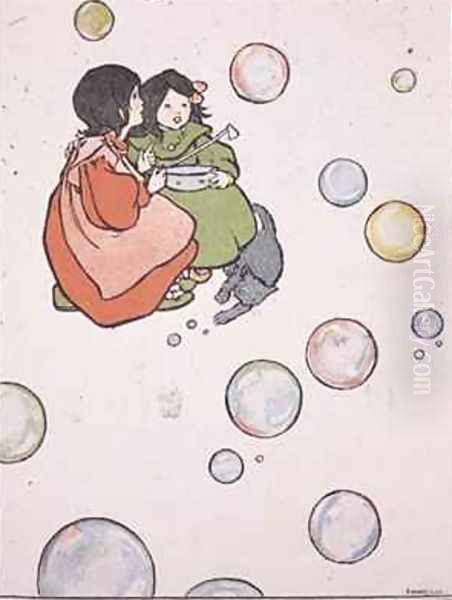 Blowing Bubbles illustrated childrens book Oil Painting by Florence Harrison