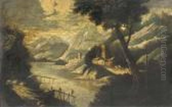 A Mountainous River Landscape With Figures On A Pier And Fortified Towns Beyond Oil Painting by Paul Bril