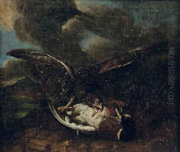 A bird of prey attacking a duck Oil Painting by Abraham Hondius