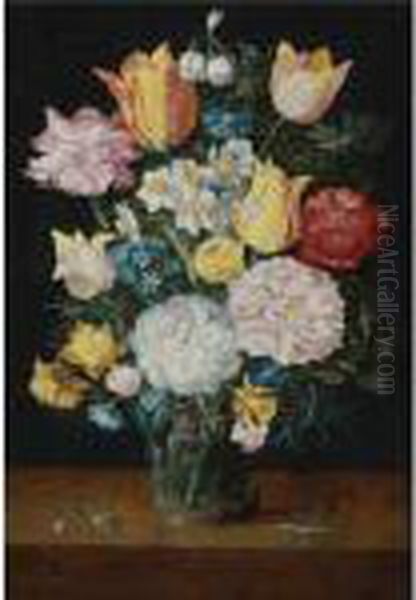 Still Life Of Tulips, Roses, 
Narcissus, Forget-me-nots, A Carnation And Other Flowers In A Glass 
Vase, Resting On A Table With A Sprig Of Rosemary And An Insect Oil Painting by Jan The Elder Brueghel