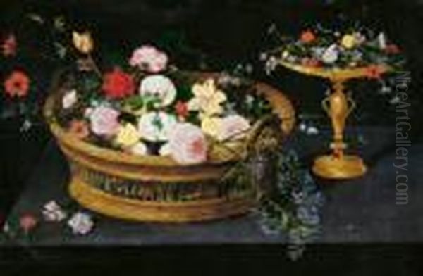 Blumenkorb Und Tazza Mit Blumen. Oil Painting by Jan Brueghel the Younger