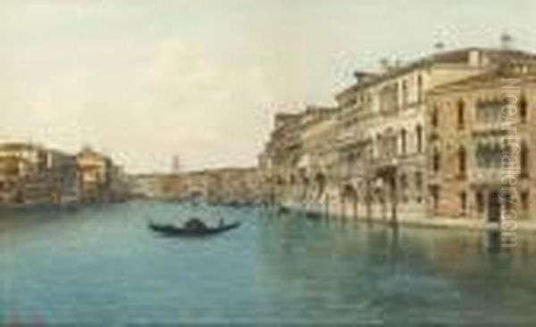 View Of A Canal With The Rialto Bridge Beyond, Venice Oil Painting by Emanuele Brugnoli