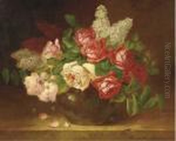 Roses And Lilacs In A Vase Oil Painting by Alphonse de Neuville