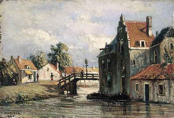 A view of a canal Oil Painting by Jan Heppener