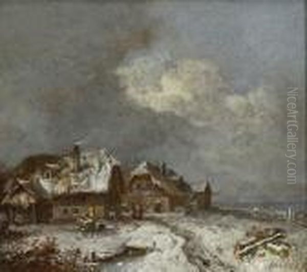 Winterliches Dorf (die Hauser Von
 Forstenried) Oil Painting by Heinrich Burkel