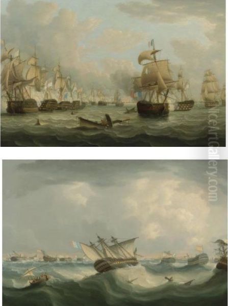 Trafalgar Morning: English 
Men-of-war Attacking The Line And Trafalgar Evening: The French And 
Spanish Fleet Returning To Cadiz Harbour, A Pair Of Works Oil Painting by Thomas Buttersworth