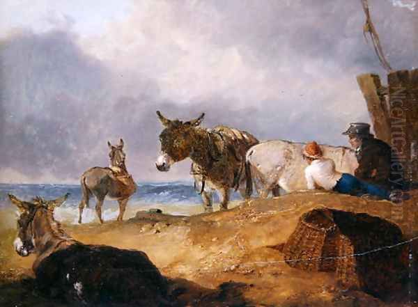 Donkeys and Figures on a Beach Oil Painting by Julius Caesar Ibbetson