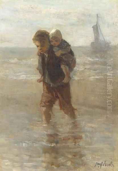 Piggy-back on the beach Oil Painting by Jozef Israels