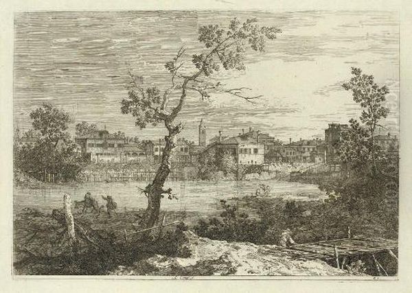 View Of A Town On A River Bank (bromberg 9) Oil Painting by (Giovanni Antonio Canal) Canaletto