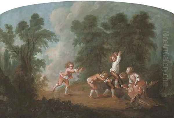 A wooded landscape with children playing leap-frog Oil Painting by Jean-Baptiste Huet I