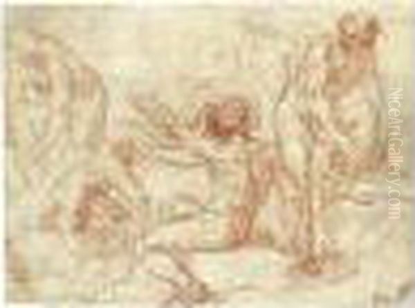 Recto: Studies Of Male Nudes For
 A Bathing Scene; Verso: Angels Appearing To A Saint Adoring The 
Crucifix Oil Painting by Simone Cantarini (Pesarese)