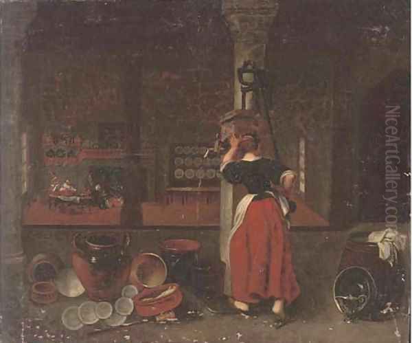 A kitchen interior Oil Painting by David Ryckaert II
