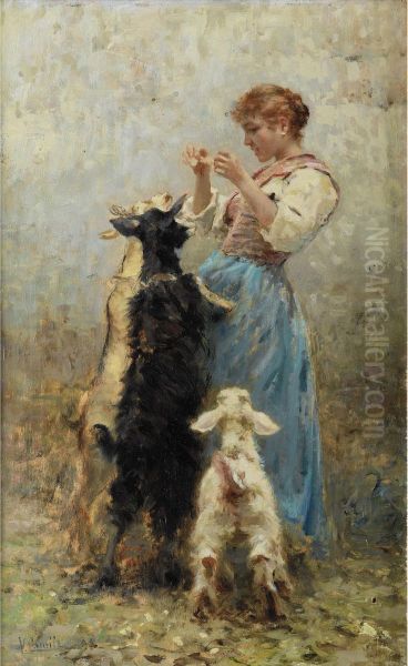 Jeune Fille Nourrissant Des Chevres Oil Painting by Vincenzo Caprile
