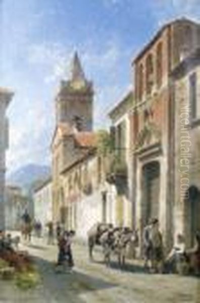 Rue Animee D'une Petite Ville D'italie Oil Painting by Jacques Carabain