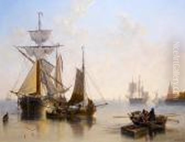 A Tranquil Day On The Scheldt, 
Withtraditional Craft At Work Inshore And An Outbound Merchantmantrying 
To Catch A Breeze Beyond Oil Painting by John Wilson Carmichael