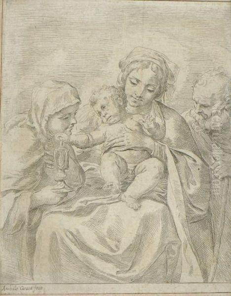 Heilige Familie Mit Der Hl. Clara
 Von Assisi. Oil Painting by Annibale Carracci