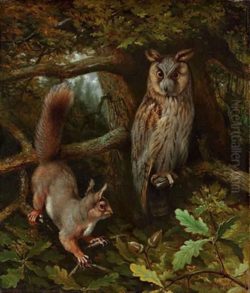 An Owl And Squirrel In An Oak Tree Oil Painting by Henry Barlow Carter