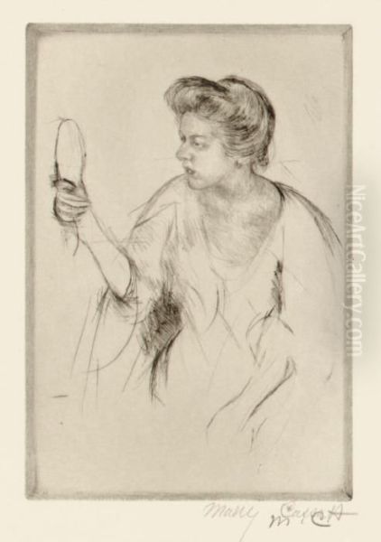 Denise Holding A Hand Mirror (b. 200) Oil Painting by Mary Cassatt