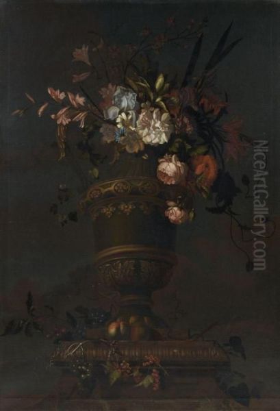 Bouquet De Fleurs Et Fruits Disposes Sur Un Entablement Oil Painting by Pieter III Casteels