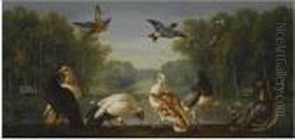 A Park Landscape With A Kingfisher, A Bullfinch Oil Painting by Pieter Casteels