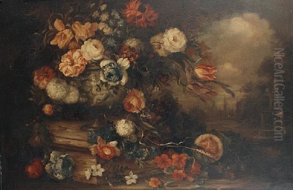 Roses, Tulips, Snowballs, 
Narcissi And Otherflowers In A Vase On A Stone Plinth Before A Landscape Oil Painting by Pieter III Casteels