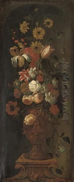 Parrot Tulips, Carnations, 
Narcissi, Morning Glories And Otherflowers In A Bronze Urn On A Sculpted
 Plinth, In A Niche Oil Painting by Pieter Casteels