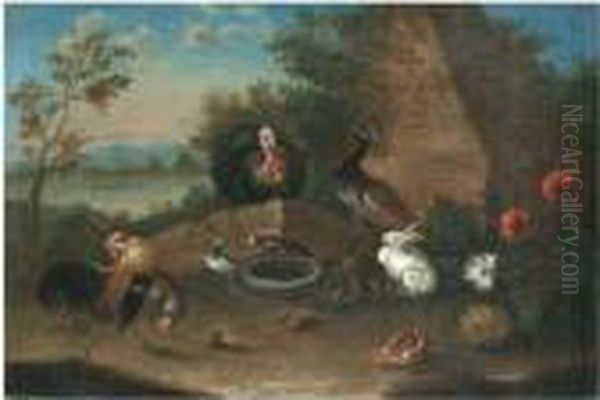 A Landscape With A Cockerel, A Hen, A Turkey, A Peacock And Other Birds With Rabbits Oil Painting by Pieter III Casteels