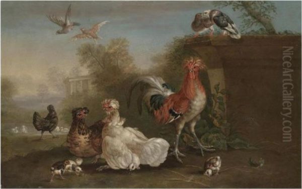 A Cockerel, Hens, Chicks, Pigeons And Other Fowl In A Park Landscape Oil Painting by Pieter III Casteels