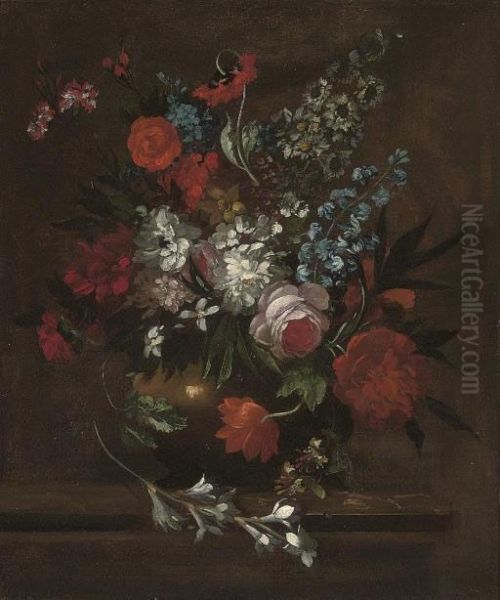 Roses, Chrysanthemums, Morning 
Glory, Lilies, Carnations And Other Flowers In A Vase On A Stone Ledge Oil Painting by Pieter Casteels