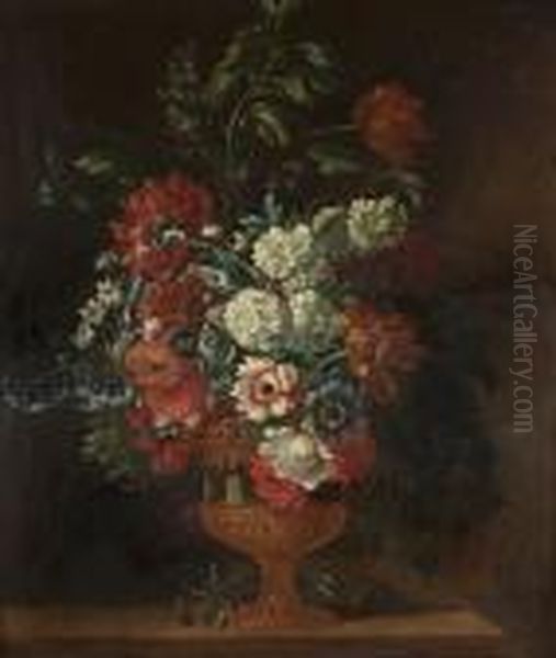 Tulips, Poppies, Delphiniums, 
Lilac And Other Flowers In A Gilt Mounted Ormolu Vase On A Wooden Ledge Oil Painting by Pieter III Casteels