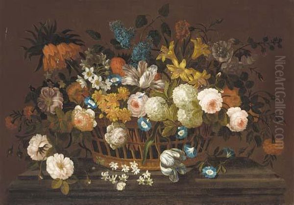 Lillies, Tulips, Roses, 
Hydrangea, Lilac, Chrysanthemums, And Other Flowers In A Basket, On A 
Marble Plinth Oil Painting by Pieter Casteels