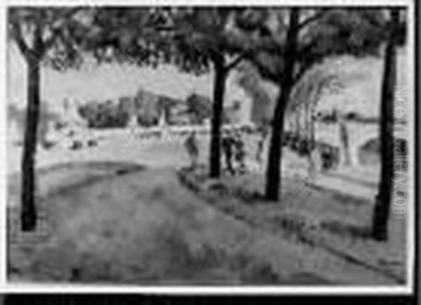 Paris, Promeneurs Sur Le Quai Des Tuileries Oil Painting by Edmond Ceria
