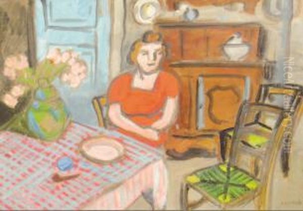 Femme En Rouge Assise Oil Painting by Auguste Chabaud