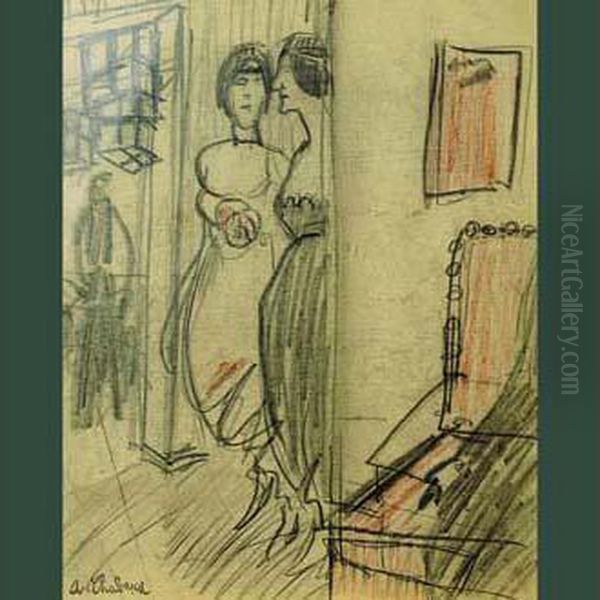 Deux Filles Sur Le Pas De La Porte 1907 Oil Painting by Auguste Chabaud