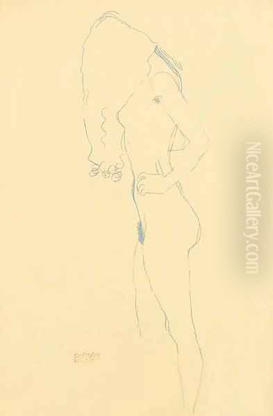 Stehender Madchenakt nach links, das Gesicht durch die Haare verdeckt Oil Painting by Gustav Klimt
