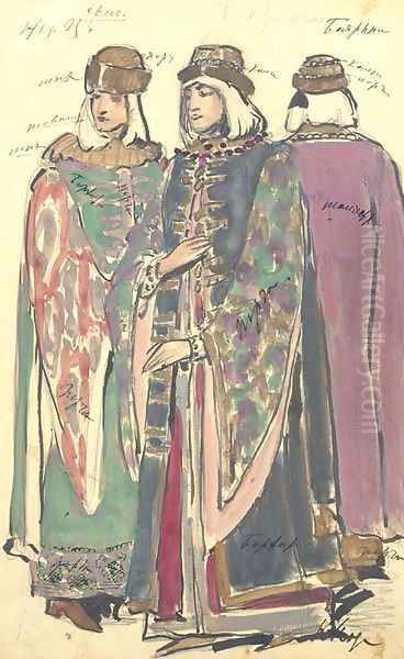 Two groups of costume designs for Khovanshchina Male and female boyars Oil Painting by Konstantin Alexeievitch Korovin