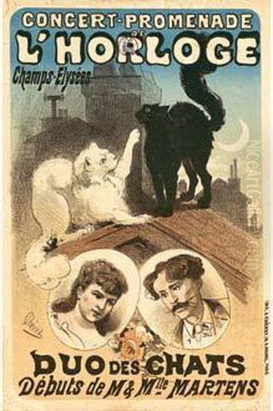 Concert-promenade De L'horloge /
 Champs Elysees / Duo Des Chats / Debuts De M. & Mlle Martens. 1876.
 Affiche D'interieur. Oil Painting by Jules Cheret