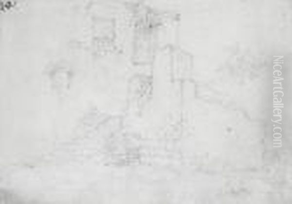 Figures Outside A Building Oil Painting by George Chinnery