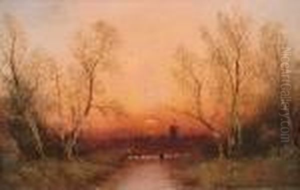 Home By Sunset; Snow At Sunset Oil Painting by Nils Hans Christiansen