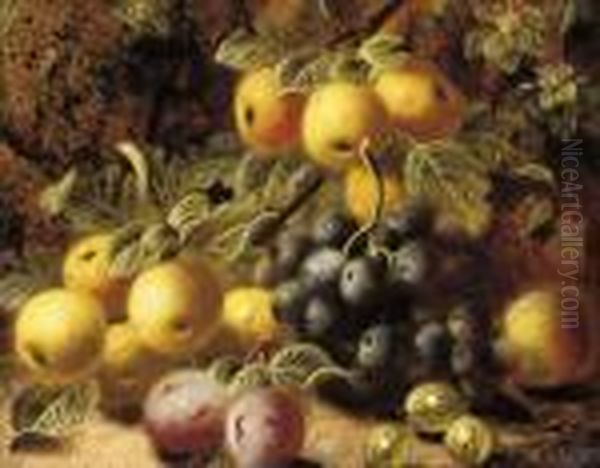 Plums, Grapes And Gooseberries 
On A Mossy Bank; And Flowers And A Bird's Nest On A Mossy Bank Oil Painting by Oliver Clare