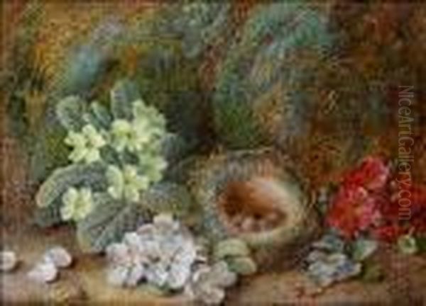 Still Life With Blossom; Primroses Oil Painting by Vincent Clare