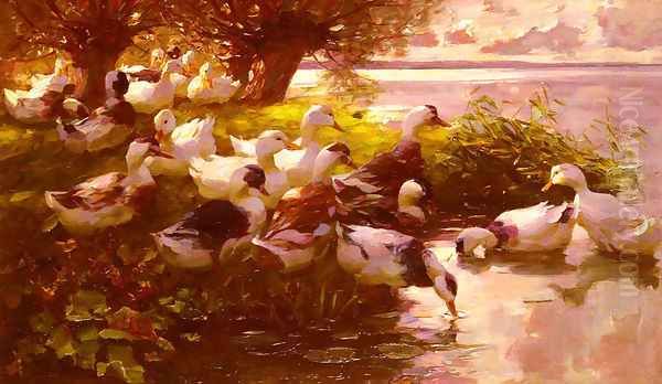 Ducks On A Lake Oil Painting by Alexander Max Koester