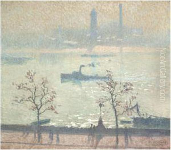 View Of The Thames From The Embankment Oil Painting by Emile Claus