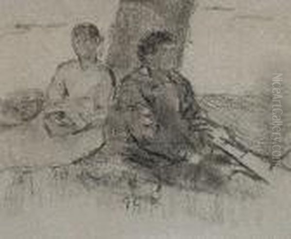Two Figures By A Tree
 Signed With Initials 'gc' (lower Centre),
 Charcoal Oil Painting by George Clausen