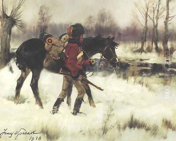 Hussar with a Horse in a Winter Landscape Oil Painting by Jerzy Kossak